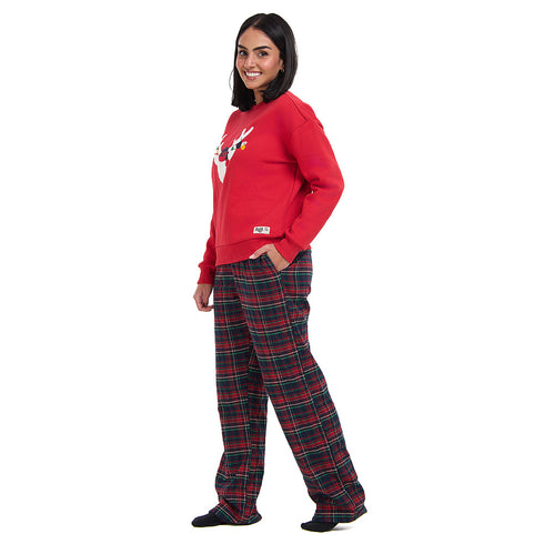 Women Winter Pajama Set Red deer Hoodie + Dark Blue x Red Checkered Pants